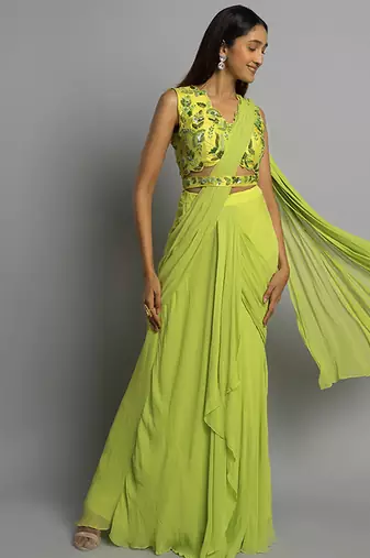 Green georgette plain saree with embroidered blouse & belt