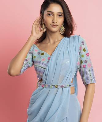 Light blue georgette plain saree with embroidered blouse & belt 1