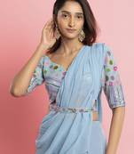 Light blue georgette plain saree with embroidered blouse & belt