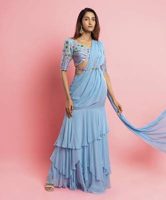 Light blue georgette plain saree with embroidered blouse & belt 2
