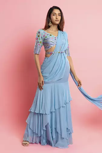 Light blue georgette plain saree with embroidered blouse & belt
