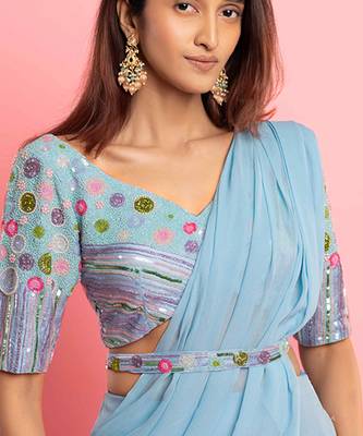 Light blue georgette plain saree with embroidered blouse & belt 3