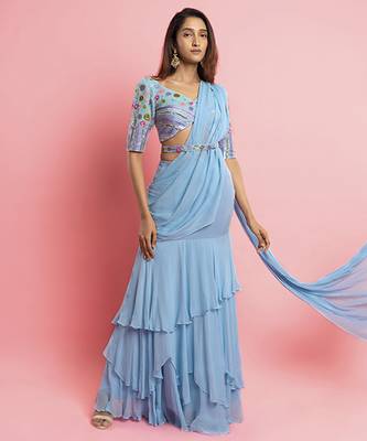 Light blue georgette plain saree with embroidered blouse & belt 4