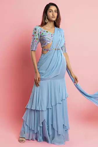 Light blue georgette plain saree with embroidered blouse & belt