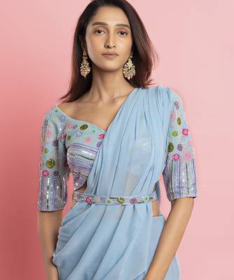Light blue georgette plain saree with embroidered blouse & belt 5