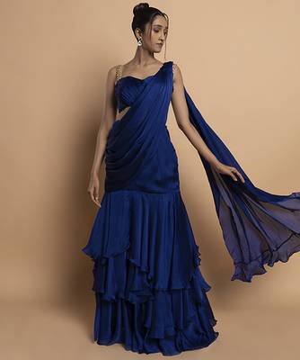 Navy blue satin plain saree with embroidered blouse & belt 1