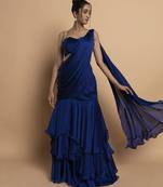 Navy blue satin plain saree with embroidered blouse & belt