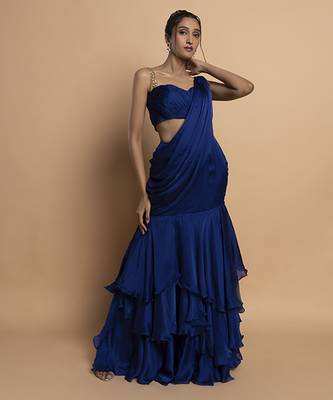 Navy blue satin plain saree with embroidered blouse & belt 2