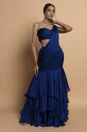 Navy blue satin plain saree with embroidered blouse & belt