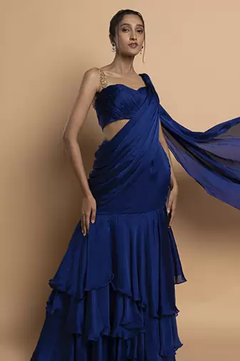 Navy blue satin plain saree with embroidered blouse & belt