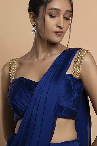 Navy blue satin plain saree with embroidered blouse & belt