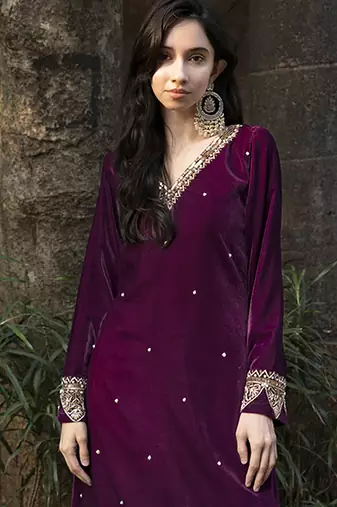 Wine velvet embroidered kurta & pant set