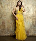 Yellow organza plain saree with embroidered blouse & belt