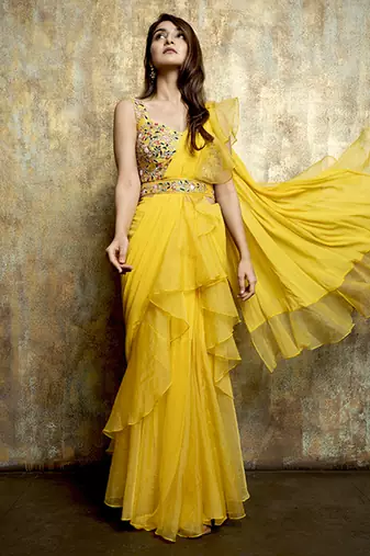 Yellow organza plain saree with embroidered blouse & belt