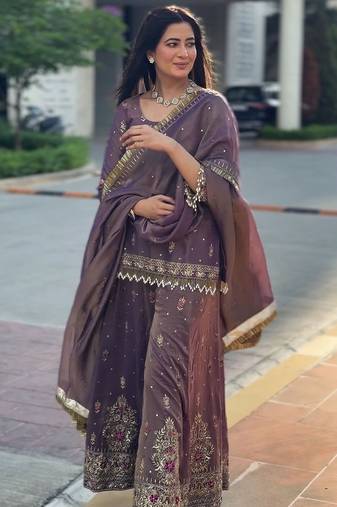 Lavender Sequins Embroidery Work Top Palazzo Set 