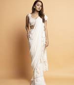 White georgette plain saree with embroidered blouse & belt