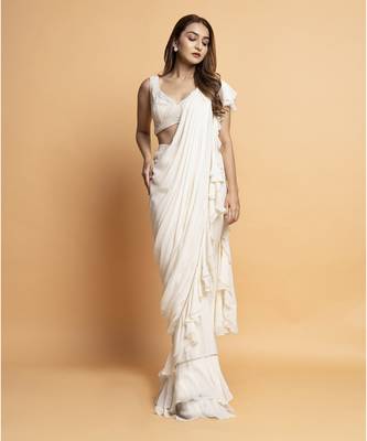 White georgette plain saree with embroidered blouse & belt 4