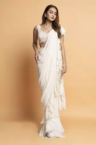 White georgette plain saree with embroidered blouse & belt
