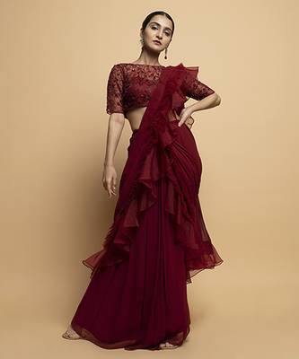 Maroon organza plain saree with embroidered blouse & belt 1