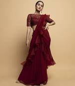 Maroon organza plain saree with embroidered blouse & belt