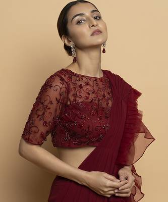 Maroon organza plain saree with embroidered blouse & belt 2