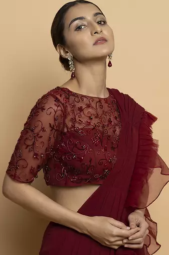 Maroon organza plain saree with embroidered blouse & belt