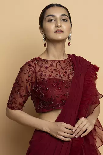 Maroon organza plain saree with embroidered blouse & belt