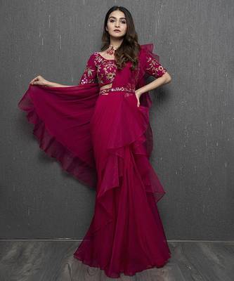 Pink organza plain saree with embroidered blouse & belt 1