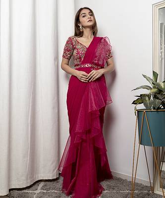 Pink organza plain saree with embroidered blouse & belt 2