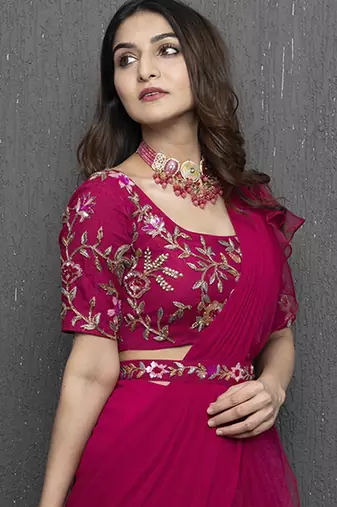 Pink organza plain saree with embroidered blouse & belt