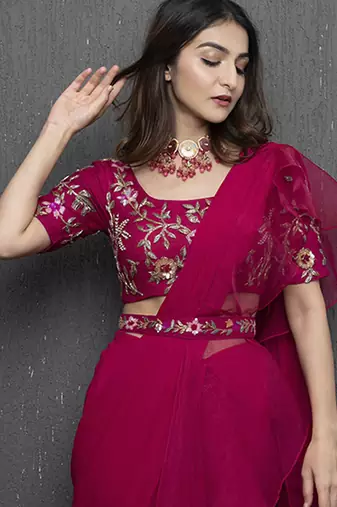 Pink organza plain saree with embroidered blouse & belt