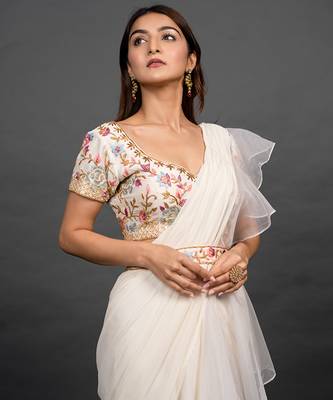 White organza plain saree with embroidered blouse & belt 1