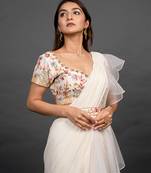 White organza plain saree with embroidered blouse & belt