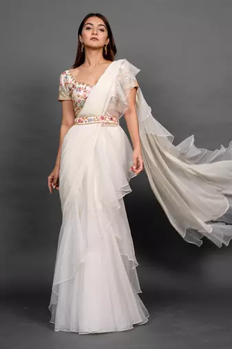 White organza plain saree with embroidered blouse & belt
