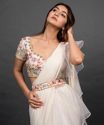 White organza plain saree with embroidered blouse & belt 3
