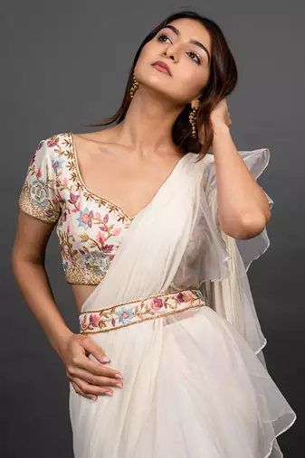 White organza plain saree with embroidered blouse & belt