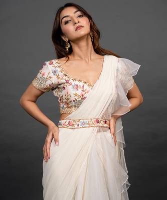 White organza plain saree with embroidered blouse & belt 4