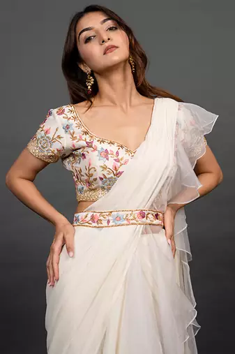 White organza plain saree with embroidered blouse & belt