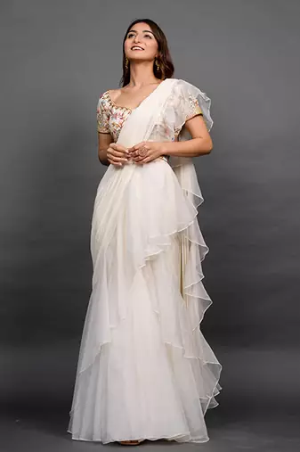 White organza plain saree with embroidered blouse & belt