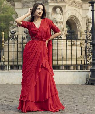 Red georgette plain saree with embroidered blouse & belt 1