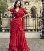 Red georgette plain saree with embroidered blouse & belt