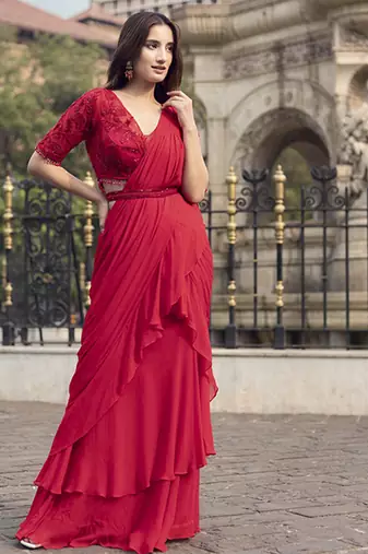 Red georgette plain saree with embroidered blouse & belt