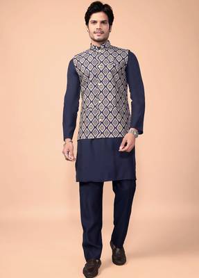Navyblue jacquard work nehru jacket roman silk men kurta set 1