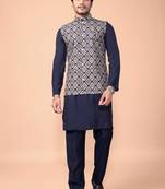 Navyblue jacquard work nehru jacket roman silk men kurta set