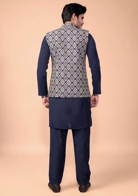 Navyblue jacquard work nehru jacket roman silk men kurta set 2