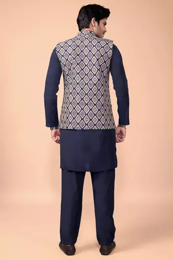 Navyblue jacquard work nehru jacket roman silk men kurta set