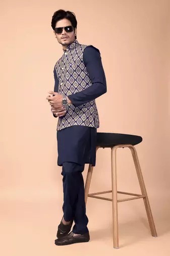 Navyblue jacquard work nehru jacket roman silk men kurta set
