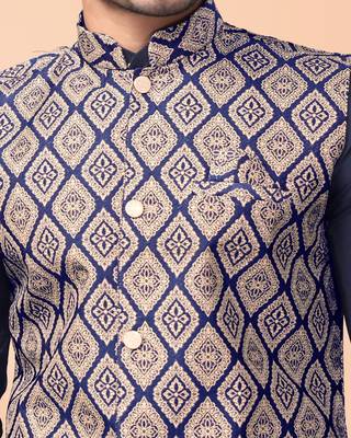 Navyblue jacquard work nehru jacket roman silk men kurta set 4