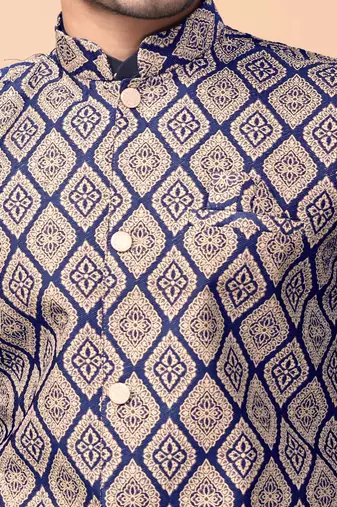 Navyblue jacquard work nehru jacket roman silk men kurta set