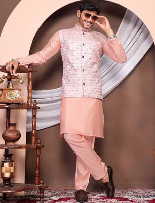 Pink jacquard work nehru jacket roman silk men kurta set 1